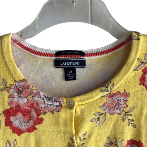 LAND'S END SUPIMA Cotton Plus 2X 20W-22W Button Down Yellow Floral Cardigan #F - Picture 3 of 6